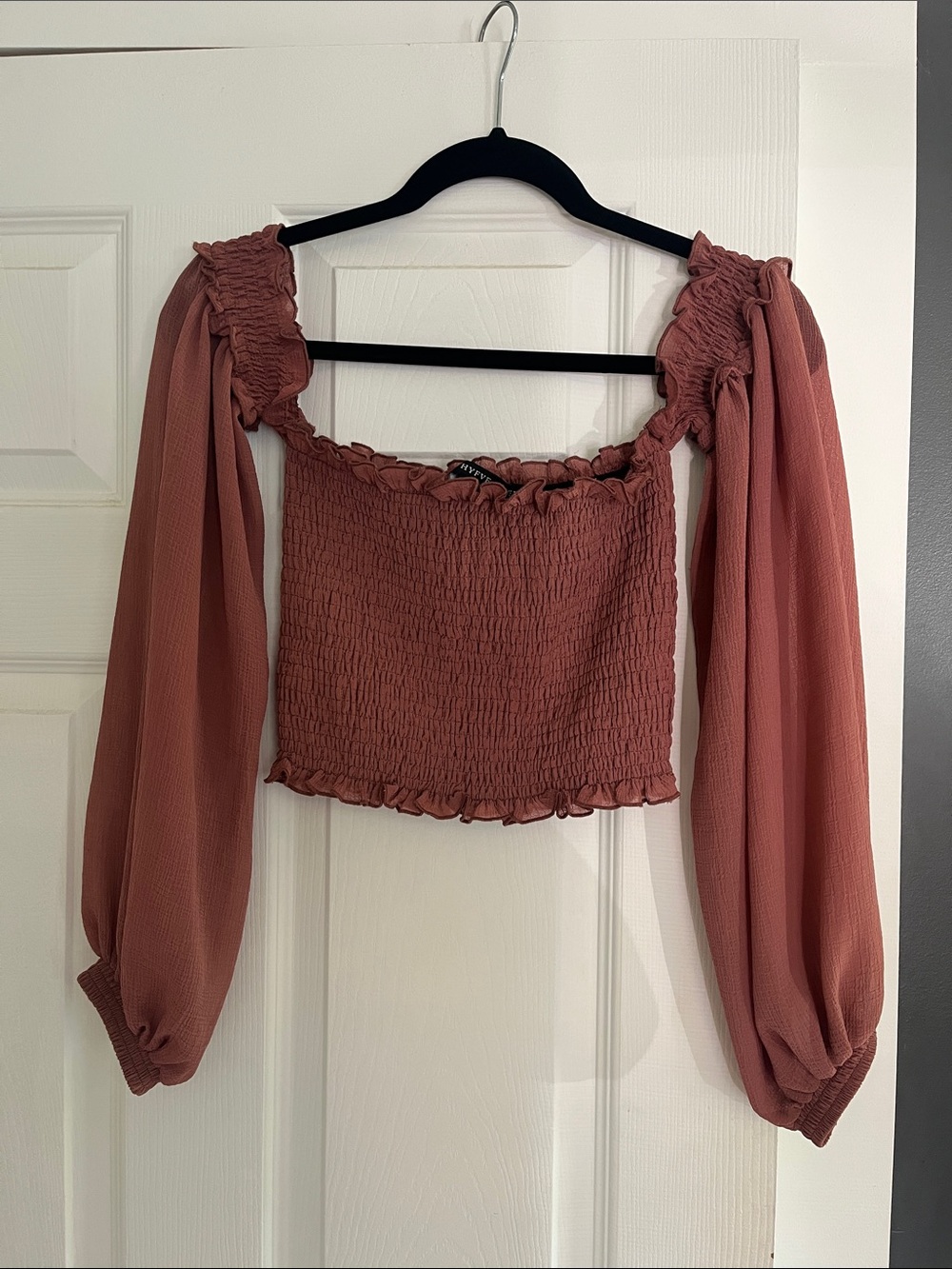 HYFVE Dusty Mauve Smocked Off-Shoulder Crop Top